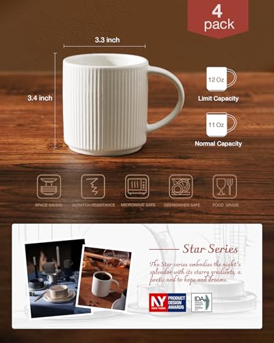 famiware Coffee Mug Set of 4, Star 12 oz Ceramic Mugs Cups Set with Handle | Stoneware Stackable Catering Cup for Coffee, Tea, Cappuccino, Latte, Microwave & Dishwasher Safe, Matte White - color: Star-Matte White, size: 4 Count (Pack of 1)