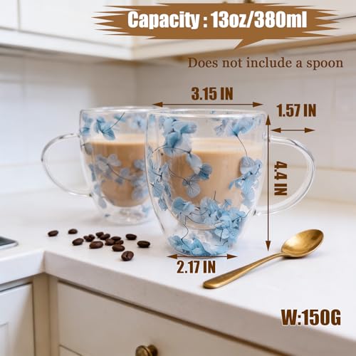 Viovian 13oz Double Wall Glass Coffee Mugs Set of 2 Insulated Glass Coffee Cups with Handles,Clear Dried Flower Tea Mug for Hot Beverages,Tea Cup Women Birthday Gifts - color: 13oz double wall glass mugs set of 2（Blue Hydrangea）