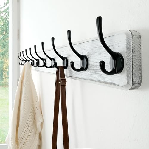 Coat Rack Wall Mount: 38-1/4" Long, Patented, Heavy-Duty, 10-Double-Hooks Wooden Hanger Rail for Winter Coats Hat Jacket Clothing, White & Black - color: White & Black, size: L=38.3"(1pcs)