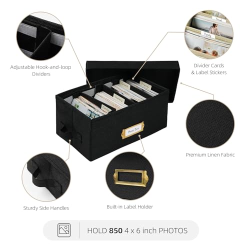 Collapsible Photo Storage Box, Adjustable Dividers - Black, 28cm | Holds 850 Photos, Hook & Loop Dividers, Handle, Label Stickers - color: Black, size: 11.22"x6.89"x5.12"