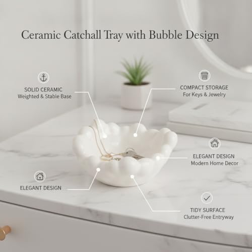 Ceramic Catchall Tray with Bubble Design, Compact Storage Bin for Keys and Jewelry on Vanity or Entryway (1 PC) - color: White