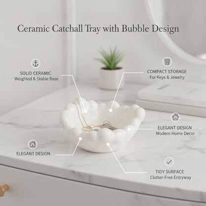 Ceramic Catchall Tray with Bubble Design, Compact Storage Bin for Keys and Jewelry on Vanity or Entryway (1 PC) - color: White