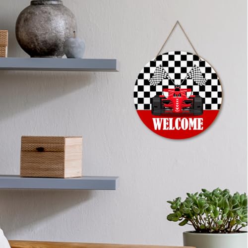 Welcome Race Car Black White Checkered Wood Hanging Sign Home Decor | Race Car Wooden Door Sign Decorations for Home Entryway Yard Porch