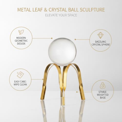 for Shelf, Desk, or Console Table Display: Modern Geometric Metal Leaf and Crystal Ball Sculpture Accent (1 PC) - size: 5.51 x 5.51 x 7.87 in