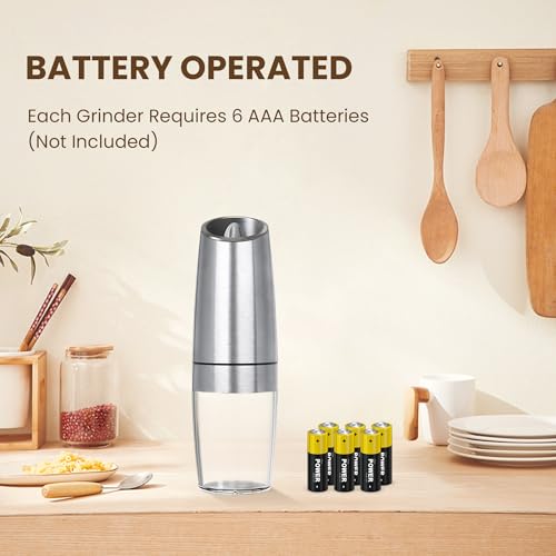 Battery Gravity Salt Pepper Grinder Set, 2 Pack (Silver) | Gravity Automatic Grinder With LED Light & Adjustable Roughness, Each Requires 6 AAA Batteries For Kitchen Daily Seasoning - color: Battery/Set/Silver