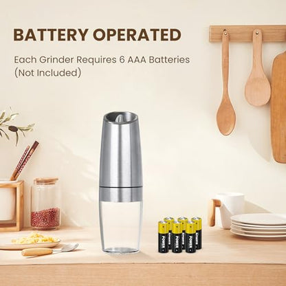 Battery Gravity Salt Pepper Grinder Set, 2 Pack (Silver) | Gravity Automatic Grinder With LED Light & Adjustable Roughness, Each Requires 6 AAA Batteries For Kitchen Daily Seasoning - color: Battery/Set/Silver