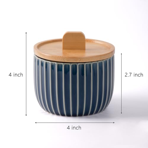 Salt Cellar Keeper with Bamboo Lid, 14oz Big Capacity Ceramic Sugar Bowls Pepper Box, Crackle Glaze Seasoning Container Condiment Pot for Kitchen (Blue Color) - color: Blue