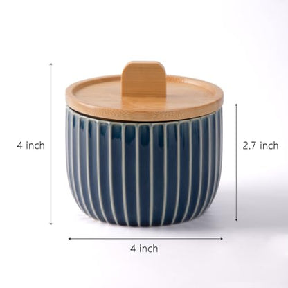 Salt Cellar Keeper with Bamboo Lid, 14oz Big Capacity Ceramic Sugar Bowls Pepper Box, Crackle Glaze Seasoning Container Condiment Pot for Kitchen (Blue Color) - color: Blue