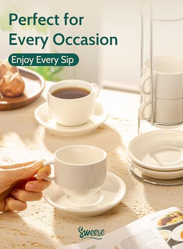 Sweese Porcelain Espresso Cups Set, 4 oz Stackable Cups with Saucers Metal Stand, Set of 4, White - color: White, size: 4 Ounces