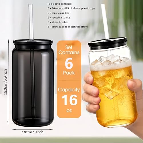 Mason Jar Cups with Lids and Straws, 16 oz Reusable Plastic Tumblers for Whisky, Soda, Tea, Juice, Beer, Coffee, Milk Tea, Gifts, 6 Pack (Clear Black, Black) - color: Clear Black, Black