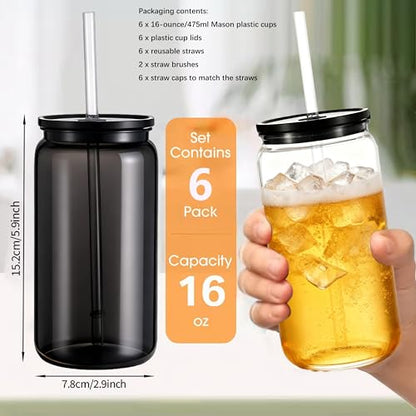 Mason Jar Cups with Lids and Straws, 16 oz Reusable Plastic Tumblers for Whisky, Soda, Tea, Juice, Beer, Coffee, Milk Tea, Gifts, 6 Pack (Clear Black, Black) - color: Clear Black, Black