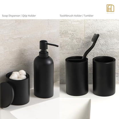 Bathroom Accessory Set - 4 Pcs Matte Black Bathroom Set with Toothbrush Holder, Soap Dispenser, Tumbler & Cotton Swab Jar - Bathroom Vanity Countertop Organizer, Bathroom Decor Sets