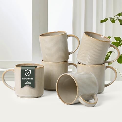 MONITO Coffee Mugs Set of 6,16 oz Ceramic Coffee Cups with Large Handles | Stoneware Mugs Set Suitable for Lattes,Hot tea,Cappuccinos,Mochas and Cocoa,Microwave & Dishwasher Safe,Bonbon Beige - color: Bonbon Beige, size: 6PCS