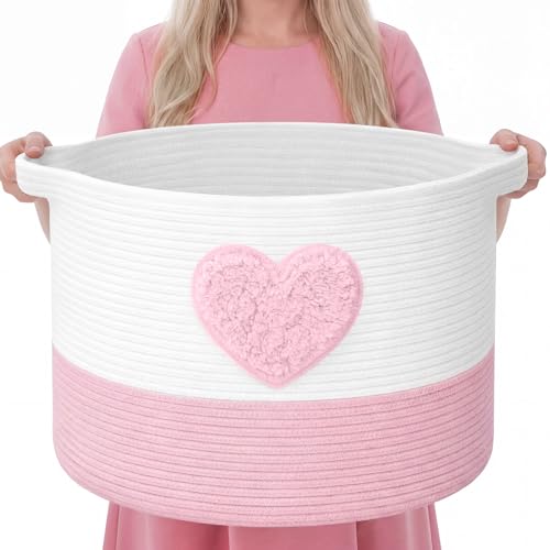 LemonRoad Pink Heart Extra Large Cotton Rope Basket 20"x14", Embroidered Woven Baby Laundry Blanket Basket Box with Handle Storage, Blanket Storage for Living Nursery Pillows Laundry Baby Toy Chest - style: Heart