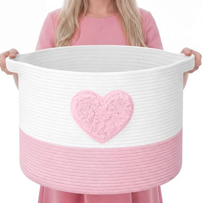 LemonRoad Pink Heart Extra Large Cotton Rope Basket 20"x14", Embroidered Woven Baby Laundry Blanket Basket Box with Handle Storage, Blanket Storage for Living Nursery Pillows Laundry Baby Toy Chest - style: Heart