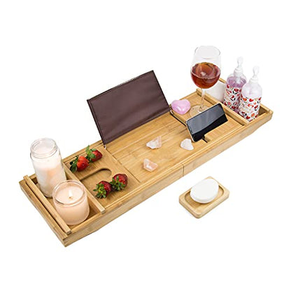 Premium Bamboo Bathtub Tray Caddy for Tub - Expandable Foldable Bath Tray - Unique House Warming Gifts, New Home, Anniversary & Wedding Gifts for Couple, Bath Table Bridal Shower Gift