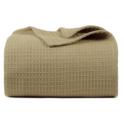 100% Cotton Waffle Weave Blanket, Twin Size 60 x 90 Inches, 300 GSM Lightweight Breathable Cooling Bed Blanket for Summer & All Season, Soft Woven Blanket, Khaki - color: Khaki, size: 60x90-Twin