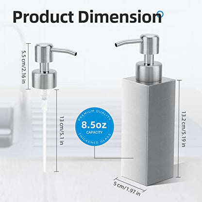 Soap Dispenser with Rust Proof Stainless Steel Pump Refillable for Bathroom and Kitchen Soap Dispenser for Essential Oils, Liquid, Lotions (8.5OZ / 250ML) - color: Square-silver