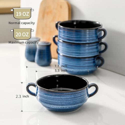 HASENSE French Onion Soup Bowls with Handles, 20 Oz Ceramic Soup Crocks Set of 2, Stackable Serving Bowls for Chili, Stew, Cereal & Pasta, Microwave Dishwasher Safe, Blue Farmhouse Kitchenware - color: Blue, size: Set of 2