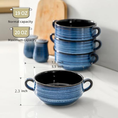 HASENSE French Onion Soup Bowls with Handles, 20 Oz Ceramic Soup Crocks Set of 2, Stackable Serving Bowls for Chili, Stew, Cereal & Pasta, Microwave Dishwasher Safe, Blue Farmhouse Kitchenware - color: Blue, size: Set of 2