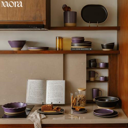 MORA Giant Salad Bowl Set with Wood Salad Servers, 4 qt Large Ceramic Serving Bowl for Salad, Pasta & Fruit, Microwave, Oven and Dishwasher Safe - Night - color: Night