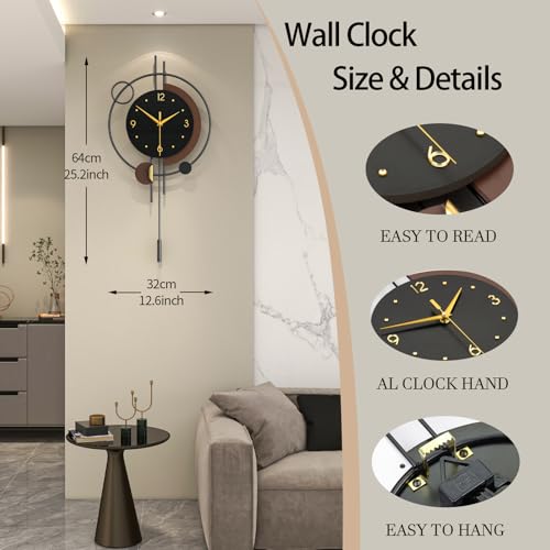 FLEBLE Modern Analog Wall Clock Decorative Clock Pendulum Battery Operated | Silent Non Ticking Large Clock for Living Room,Kitchen,Home,Bathroom,Bedroom,Classroom Wall Decor, 12.6*25inch - size: 12.6*25inch