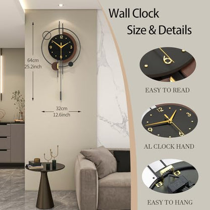 FLEBLE Modern Analog Wall Clock Decorative Clock Pendulum Battery Operated | Silent Non Ticking Large Clock for Living Room,Kitchen,Home,Bathroom,Bedroom,Classroom Wall Decor, 12.6*25inch - size: 12.6*25inch