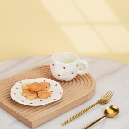 Koythin 10oz Ceramic Mug With Saucer, Small Red Heart Couple Latte Tea Cup | 300ml Heart Pattern Cup, Safe For Microwave & Dishwasher; Couple Cup - color: Small Red Heart
