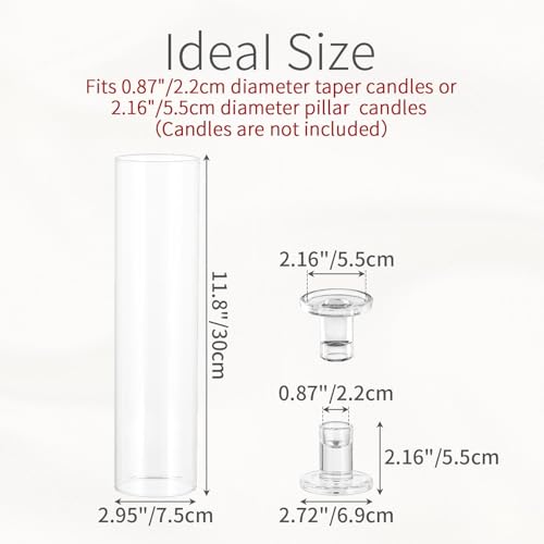 Hurricane Glass Candle Holders: 11.8" Tall Cylinder Cover Set of 6 | for 0.87" Taper, Windproof Chimney Cover, Clear Candlestick Holder for Wedding Table Centrepiece, Party, Birthday, Christmas - size: 11.8" H - 6 Pcs