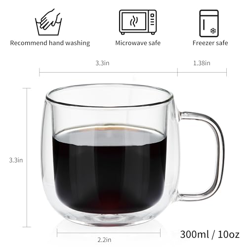Unbreakable Double Walled Glass Coffee Mugs 10 fl oz, Borosilicate Glass, Insulated Coffee Mugs Set of 4, Microwave & Refrigerator Safe - size: 4 count