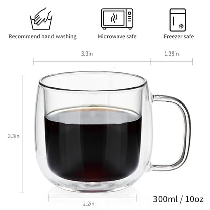 Unbreakable Double Walled Glass Coffee Mugs 10 fl oz, Borosilicate Glass, Insulated Coffee Mugs Set of 4, Microwave & Refrigerator Safe - size: 4 count