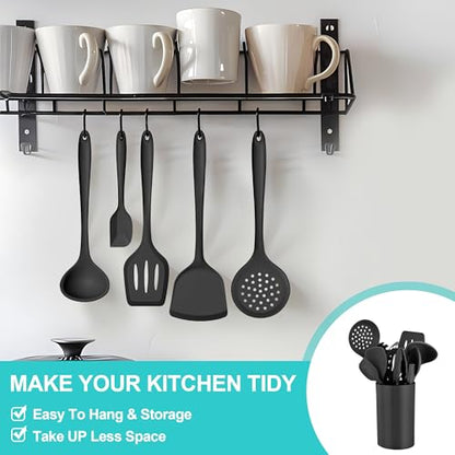 E-far Silicone Cooking Utensils Set, 25 Piece Kitchen Utensils with Holder, Non Toxic Kitchen Tools Spatula, Turner, Spoon, Ladle for Nonstick Cookware, Heat Resistant & Dishwasher Safe - Black - color: Black