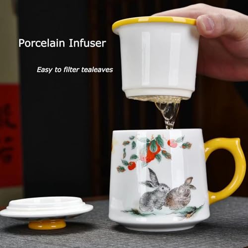 Ceramic Tea Mug with Infuser and Lid, Rabbit Pattern, 11.8 fl oz (350ml) | Ceramic tea cup with infuser and lid, Jingdezhen porcelain, matching saucer, removable strainer, for tea at home or office - color: Suet Jade-Rabbit