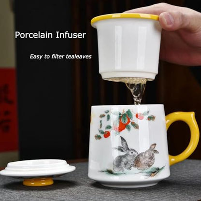Ceramic Tea Mug with Infuser and Lid, Rabbit Pattern, 11.8 fl oz (350ml) | Ceramic tea cup with infuser and lid, Jingdezhen porcelain, matching saucer, removable strainer, for tea at home or office - color: Suet Jade-Rabbit
