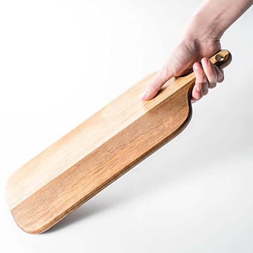 BILL.F Acacia Wood Cutting Board with Handle Small Size Long Wooden Charcuterie Board Paddle Cheese Board Serving Boards for Kitchen Meat, Pizza,Cheese, Bread, Vegetables &Fruits 16'' x 4.7'' x 0.6'' - style: Small