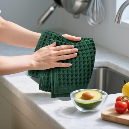 Waffle Hand Towels Set of 2 (Hunter-Green) – Cotton, Quick Dry, Lint Free | 13” x 29”, Bathroom Decor & Kitchen Towels - color: Hunter-green