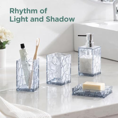 HBlife Bathroom Accessories Set, Acrylic Bathroom Counter Set of 4 | Boho acrylic bathroom decor, 4-pc: holder, soap, tumbler, dish, Easy-clean & rustproofd, Ideal housewarming gift - style: White