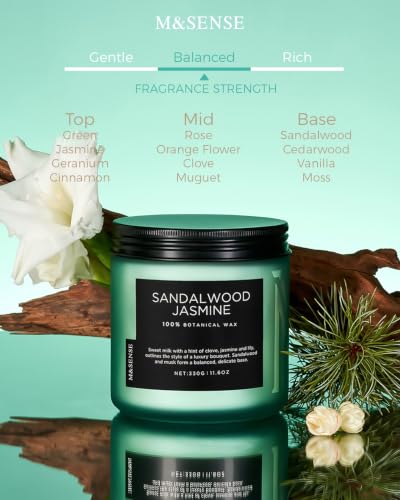 M&SENSE Sandalwood Jasmine Home Scented Candles, 11.6oz Natural Soy Wax | 70 Hours Long Lasting, Slow Burn, Non Toxic Jar Candle, Aromatherapy, Fresh Smelling for Meditation Relaxation Stress Relief - color: Sandalwood Jasmine Serene, size: Medium Jar
