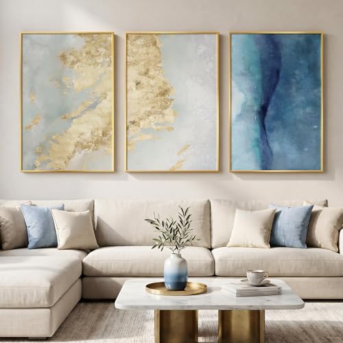 Large Framed Blue Gold Abstract Wall Art for Living Room, 3 Piece 24x36 In | Luxury modern pictures, Canvas prints, Contemporary painting, Elegant artwork for walls, Wall decor for dining bedroom office - color: Midnight Blue & Gold, size: 24" W x 36" H x