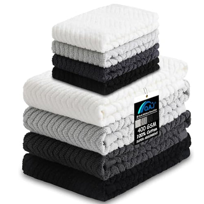 100% Cotton Kitchen Towels and Dishcloths Set, Pack of 8 Super Absorbent 16" x 25" Kitchen Towels and 13" x 13" Dish Cloths (400 GSM) - color: White Grey Black Set, style: 8-Piece Set