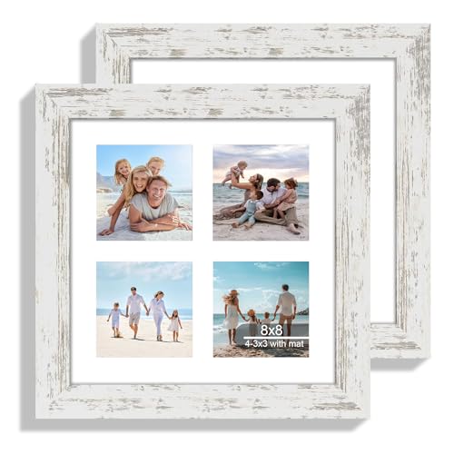 Hongkee 8x8 Picture Frame Set of 2, with Glass and Distressed White Wood Frames, Display Collage Four Opening 3x3 With Mat or 8 x 8 Without Mat for Wall Hanging or Tabletop - color: Distressed White, size: 8x8 in matted to 4-3x3