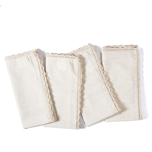 Ramanta Home Linen Cloth Napkins Set of 4, 20x20 Inches, Natural | Flax Lace Cotton Linen Reusable Decorative Scalloped Oversized Dinner Napkins with Mitered Corners for Weddings, Everyday Use
