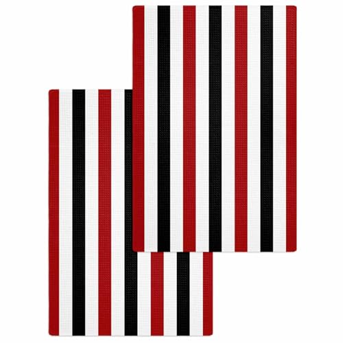 Kitchen Towels Set Black Red Stripes Waffle Weave Dish Towels 2 Pack Lines Striped Absorbent Quick Drying Hand Tea Towels for Kitchen Bathroom Cleaning Dish Cloths Gift 16x24 Inch - color: Black Red, size: 15.7"x23.6"