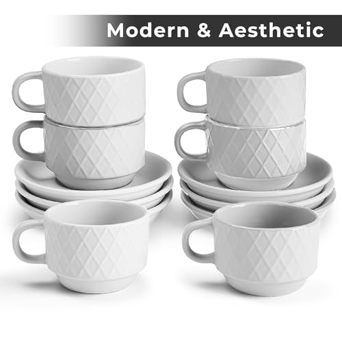 MIAMIO - 6 x 2.5 oz Stoneware Espresso Mug, Cup Set Modern with Stand and Saucers - Palmanova Collection (White) - color: White