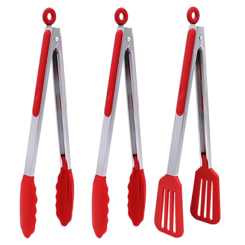 12 Inch Kitchen Tongs Set of 3, Cooking Tongs with Silicone Tips | Stainless Steel Handle, Non-Scratch, Heat Resistant, for Cooking, Baking, Grilling - color: Red, size: 12inch