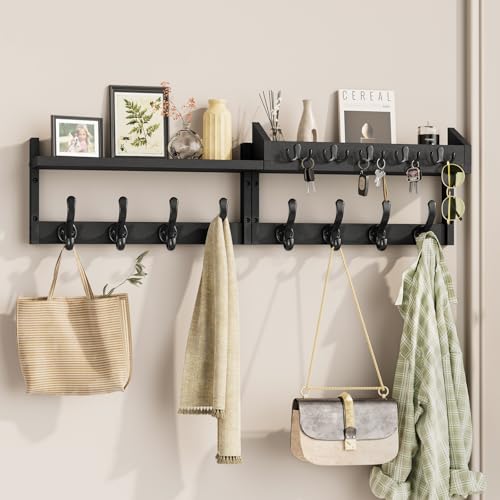 Evermagin 35" Coat Rack Wall Mount with Shelf & 13 Hooks, Entryway, Black | Wooden Wall Mounted Coat and Key Rack with Hooks, Key Hanger with Mail Holder for Living Room, Mudroom, Bedroom - color: Black, size: 35 inch