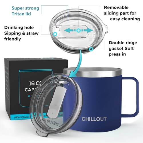 CHILLOUT LIFE Stainless Steel 16 oz Vacuum Insulated Coffee Mug with Handle and Lid, Large Thermal Camping Coffee Mug Cup with Durable Sliding Top for Men & Women - Keeps Beverages Hot/Cold - color: Navy Blue, size: 16 Ounces