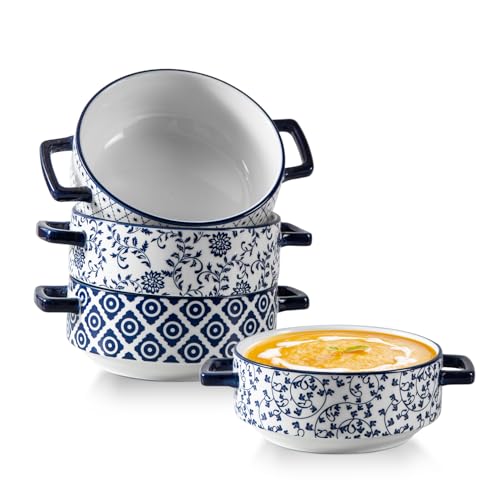 Soup Bowls with Handles - 24oz Ceramic French Onion Soup Crocks Serving Bowls for Pasta Cereal Beef Stew Pot Pies Casserole - Oven Microwave Dishwasher Safe - Set of 4, Blue | French Onion Soup Crocks Serving Bowls for Pasta Beef Stew Pot Pies Casserole -