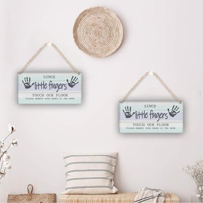 Please Remove Shoes Sign - 12in Wooden Door Hanger for Front Door - color: Blue Wood-Since Little Fingers