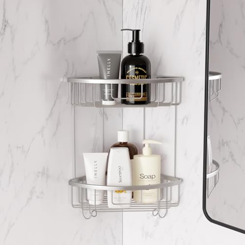 2-Tier Corner Shower Caddy, Rustproof Stainless Steel Shower Organizer and Bathroom Storage Wall Shelf, Silver